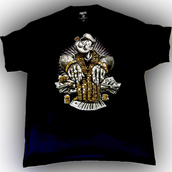 Popeye the Sailor Man Cash & Chips Men’s T-shirt Classic Black Size XL - Picture 1 of 4